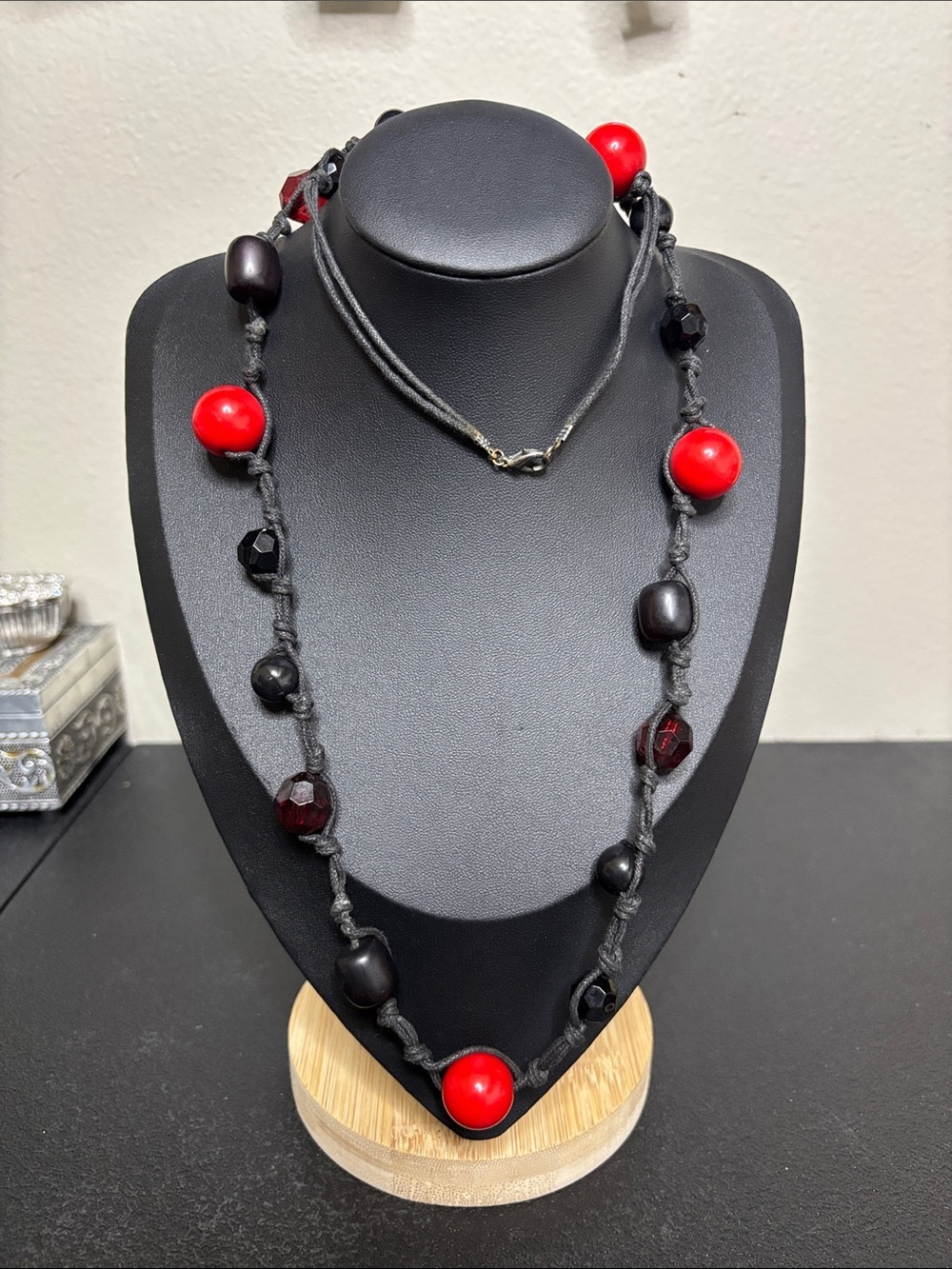 Boho Black Rope Necklace Glass Acrylic Red Accent Beads